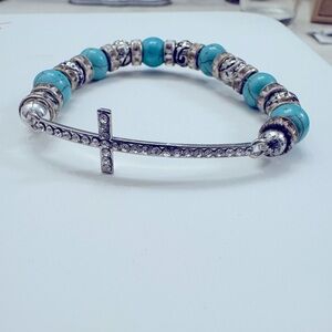 Silver and Turquoise Beaded Cross Bracelet Fashion Jewelry